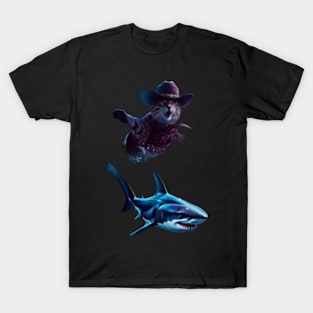 Meow's Aquatic Adventure cat riding shark T-Shirt